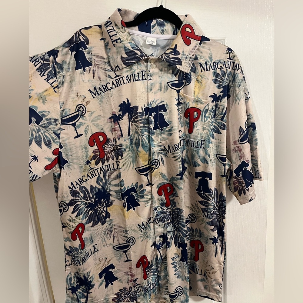Philadelphia Phillies Margaritaville Men's Beige and Navy Tropical Shirt